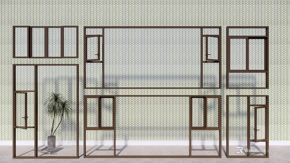 Floor to Ceiling Windows with Brown Frames and Green Plant by Light Textured Indoor Wall 3d model 