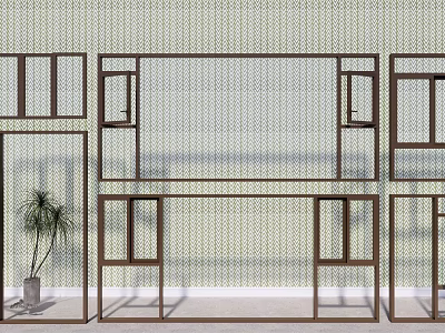 Floor to Ceiling Windows with Brown Frames and Green Plant by Light Textured Indoor Wall 3d model