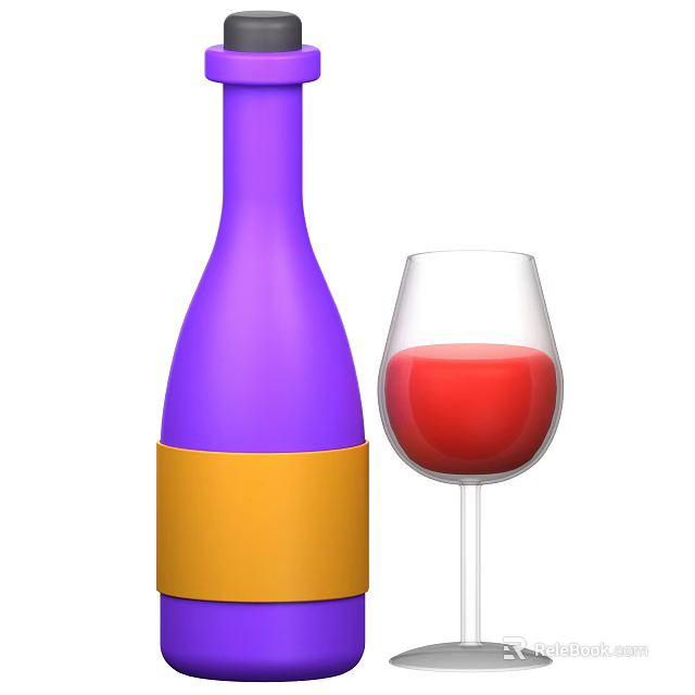 Purple Wine Bottle With Yellow Label And Wine Glass With Red Liquid 3d model 