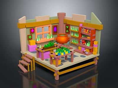Colorful Cartoon Kitchen Interior With Cauldron Shelves Potted Plants And Wooden Table 3d model