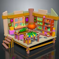 Colorful Cartoon Kitchen Interior With Cauldron Shelves Potted Plants And Wooden Table