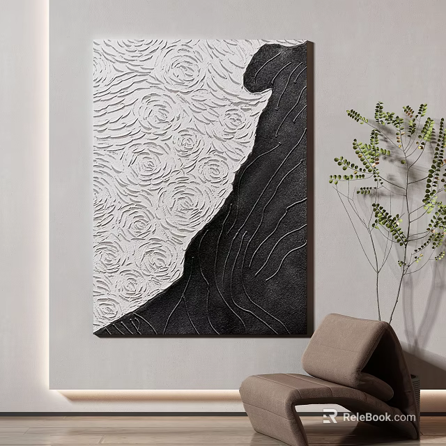 Modern Interior Decor With Black And White Relief Painting Plant And Chair 3d model 