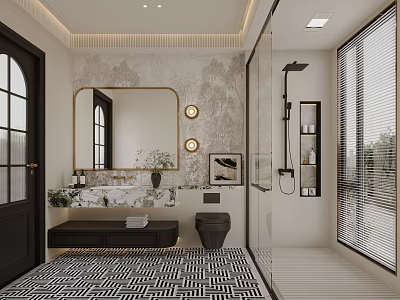 Elegant Modern Bathroom Interior Featuring Large Gold Frame Mirror Vanity Black Toilet and Geometric Floor 3d model