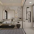 Elegant Modern Bathroom Interior Featuring Large Gold Frame Mirror Vanity Black Toilet and Geometric Floor