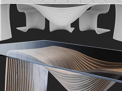 Modern Dining Table Set With Curved Chairs And Glass Top Wooden Structure 3d model