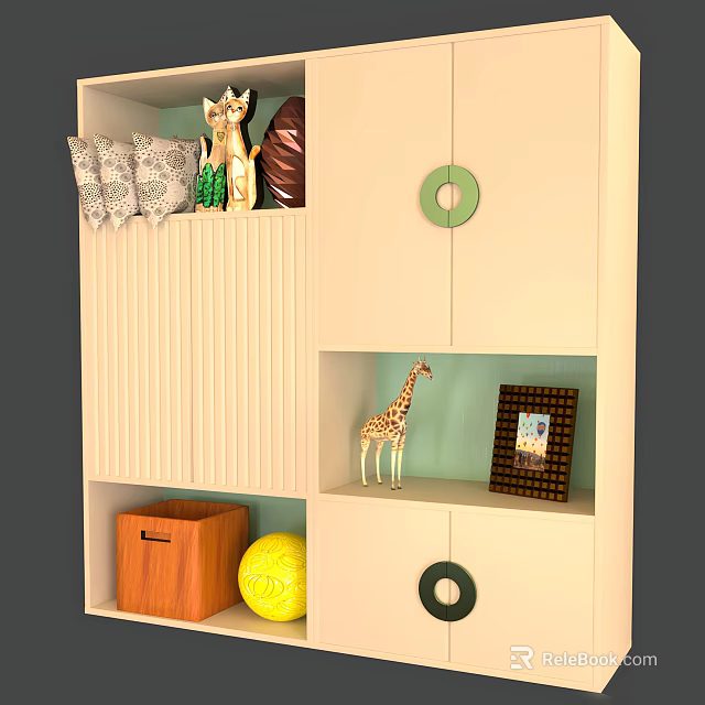 Modern Light Colored Wardrobe Design With Vertical Stripes Round Handles Giraffe Figurines And Photo Frame 3d model 