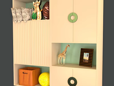 Modern Light Colored Wardrobe Design With Vertical Stripes Round Handles Giraffe Figurines And Photo Frame 3d model