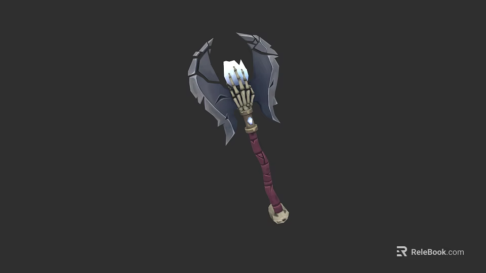 Mythical Battle Axe With Curved Gray Blades White Crystal And Red Decorative Handle 3d model 