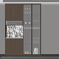 Modern Home Bar Cabinet With Wine Bottles Glasses And Marble Backdrop And Wooden Storage Shelves