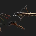Three Vintage Crossbows With Wooden Handles Metallic Frames And Colorful Arrows