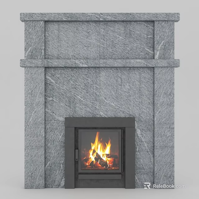 Gray Stone Fireplace With Burning Flames In Modern Interior Design 3d model