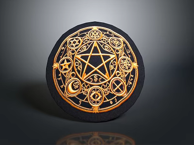 Mystic Weapon With Circular Black Base Intricate Gold Symbols Including Pentagram Sun And Moon 3d model