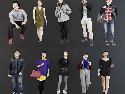 Group of People in Various Poses and Different Outfits Displaying Diverse Styles 3d model