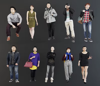 Group of People in Various Poses and Different Outfits Displaying Diverse Styles 3d model