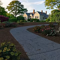 Charming Residential Garden Landscape With Winding Stone Path And Vibrant Blooming Flowers Around Cozy Home
