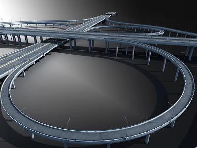 Road Infrastructure Multi Level Highway Interchange With Circular Ramps And Supporting Piers 3d model
