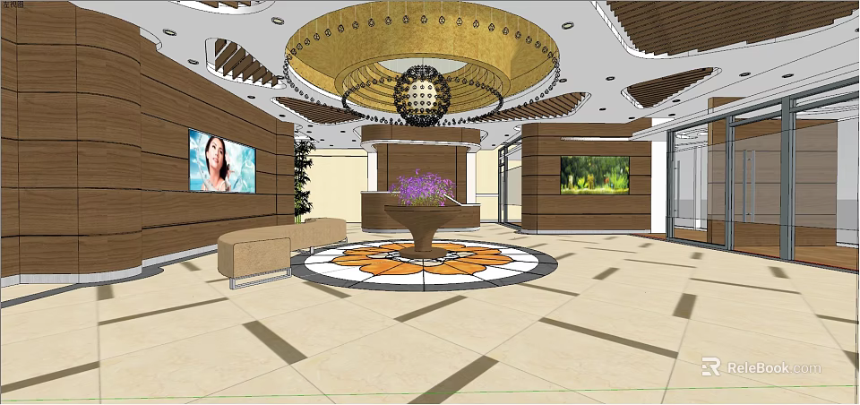 Elegant Hotel Lobby Interior With Chandelier Reception Desk Flower Arrangement And Patterned Floor 3d model 
