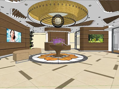 Elegant Hotel Lobby Interior With Chandelier Reception Desk Flower Arrangement And Patterned Floor 3d model