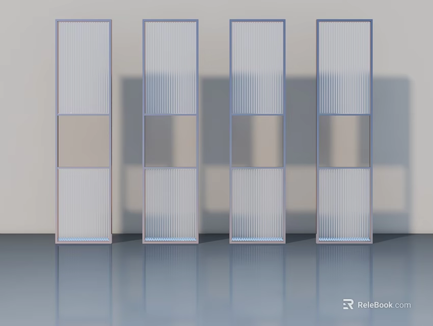 Modern Interior Swing Doors Featuring Striped Glass Panels And Reflective Floor 3d model 