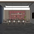 Modern Tea Room Interior Design With Wooden Table Chairs Tea Sets And Display Shelves Lighting