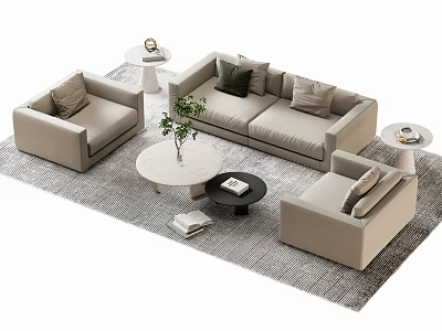 Modern Beige Sofa Armchairs And Coffee Tables With Potted Plant Throw Pillows On Gray Rug 3d model