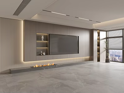 Sleek Modern TV Wall Unit Featuring Grey Wooden Texture Built-in LED Lights And Open Shelves 3d model