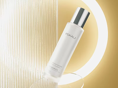 ROYALU White Skincare Bottle With Silver Cap On Golden Background And Circular Light Clear Stand 3d model