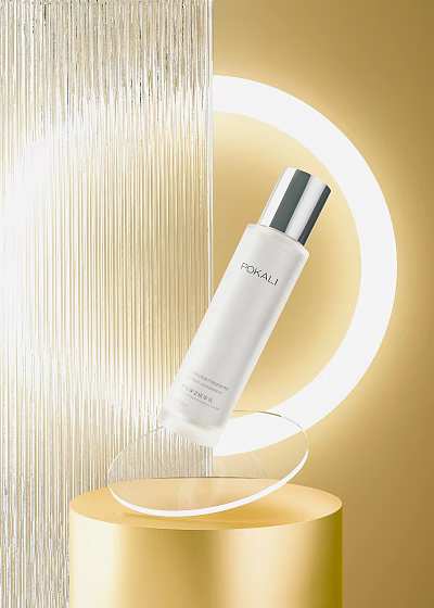 ROYALU White Skincare Bottle With Silver Cap On Golden Background And Circular Light Clear Stand 3d model