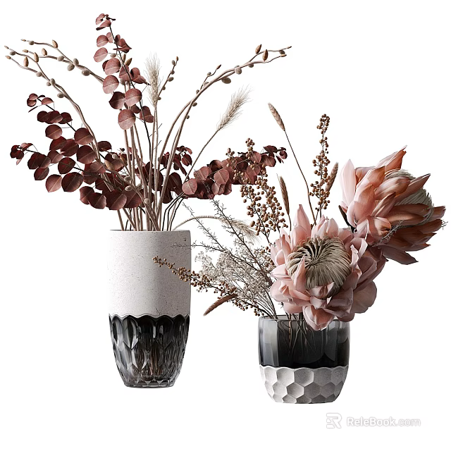 Decorative Ornament Set With Modern Vases Pink Protea And Red Eucalyptus Arrangements 3d model 
