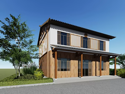 Traditional Two Story House Exterior With Wooden Walls Black Tiled Roof And Trees Near Driveway 3d model