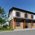 Traditional Two Story House Exterior With Wooden Walls Black Tiled Roof And Trees Near Driveway