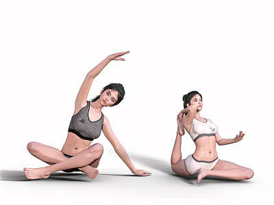 Women Practicing Yoga Stretching and Balancing Poses in Sportswear on White Background 3d model
