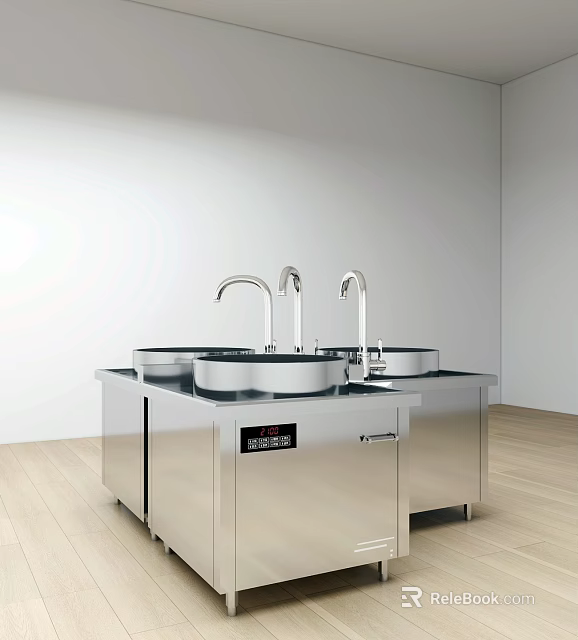 Commercial Kitchen Stainless Steel Worktop Setup With Double Faucets And Multiple Sinks 3d model 