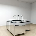 Commercial Kitchen Stainless Steel Worktop Setup With Double Faucets And Multiple Sinks 3d model