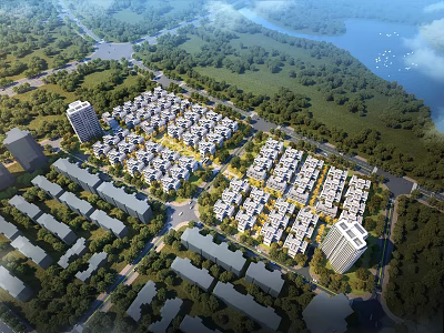 Aerial View Urban Planning of Modern Residential Area With Green Spaces and River 3d model