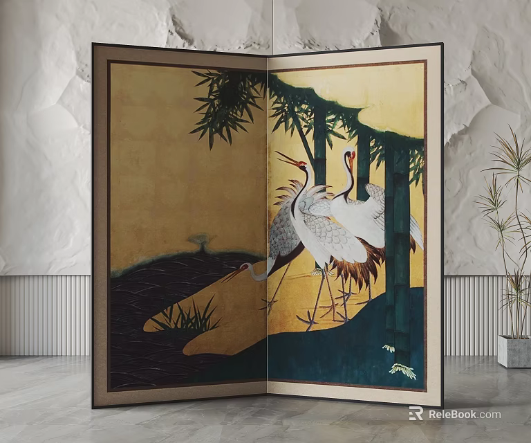 Oriental Room Divider Screen Featuring Cranes And Bamboo On Golden Backdrop 3d model
