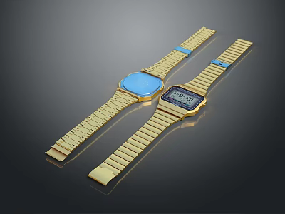 Stylish Golden Strap Watches With Blue Analog Dial And Digital Display Design 3d model