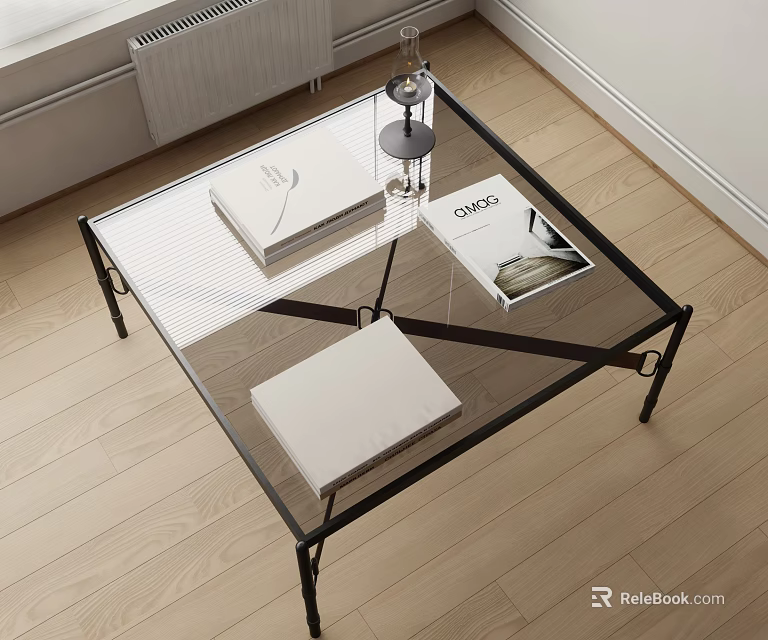 Modern Glass Top Coffee Table With Black Metal Frame And Books On Wooden Floor 3d model 