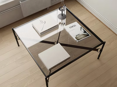 Modern Glass Top Coffee Table With Black Metal Frame And Books On Wooden Floor 3d model