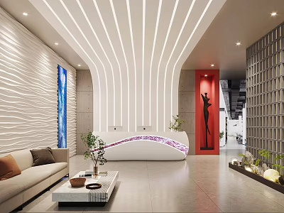 Modern Stylish Reception Area With Curved White Desk Cozy Waiting Sofa And Exquisite Art Decor 3d model