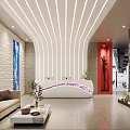 Modern Stylish Reception Area With Curved White Desk Cozy Waiting Sofa And Exquisite Art Decor