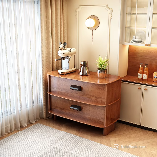 Decorative Wooden Cabinet With Two Drawers Coffee Machine Kettle Potted Plant Beside Window With Curtains 3d model 