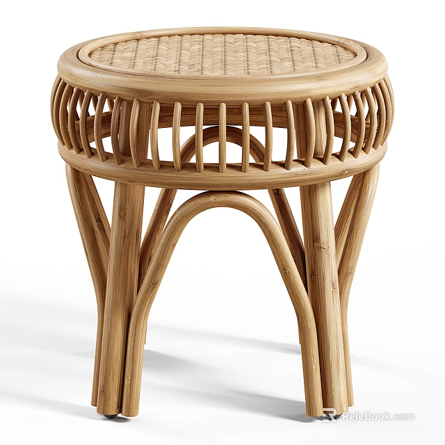 Natural Rattan Side Table With Round Top And Curved Legs Design 3d model 