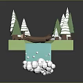 Natural Landscape With Green Platform Snowy Pine Trees Blue River Wooden Bridge And Waterfall Foam