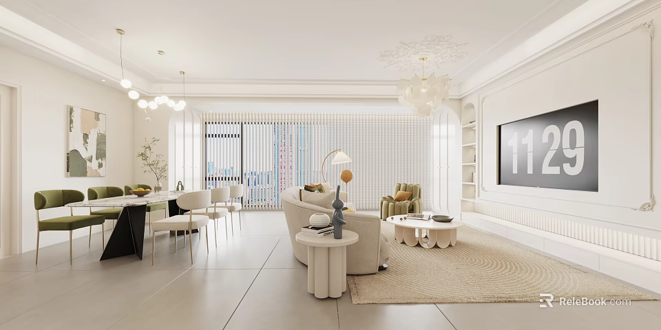 Modern Living Dining Room Interior With Sofa Dining Table Chandelier And TV Wall 3d model 