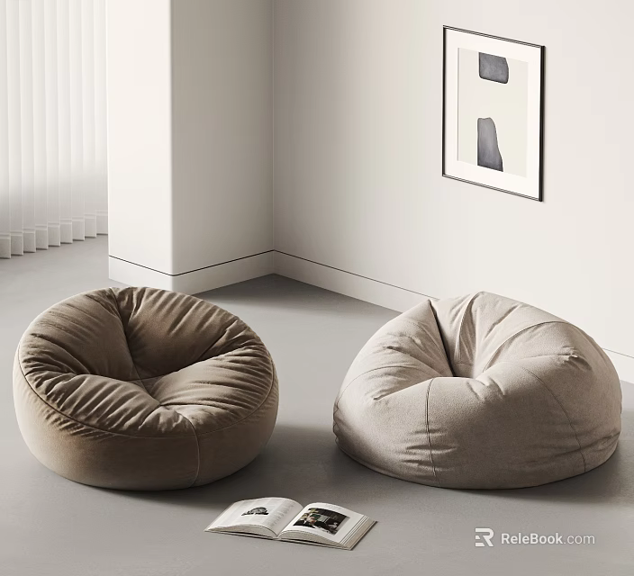 Modern Minimalist Living Room With Two Beige Brown Bean Bag Chairs 3d model 