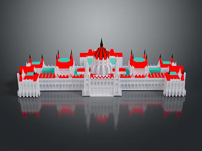Architectural Model Featuring Red Roof White Walls Multiple Spires Symmetrical Design and Reflection 3d model