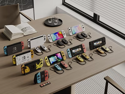 Entertainment Electronics With Various Colored Game Consoles Controllers And Charging Docks 3d model