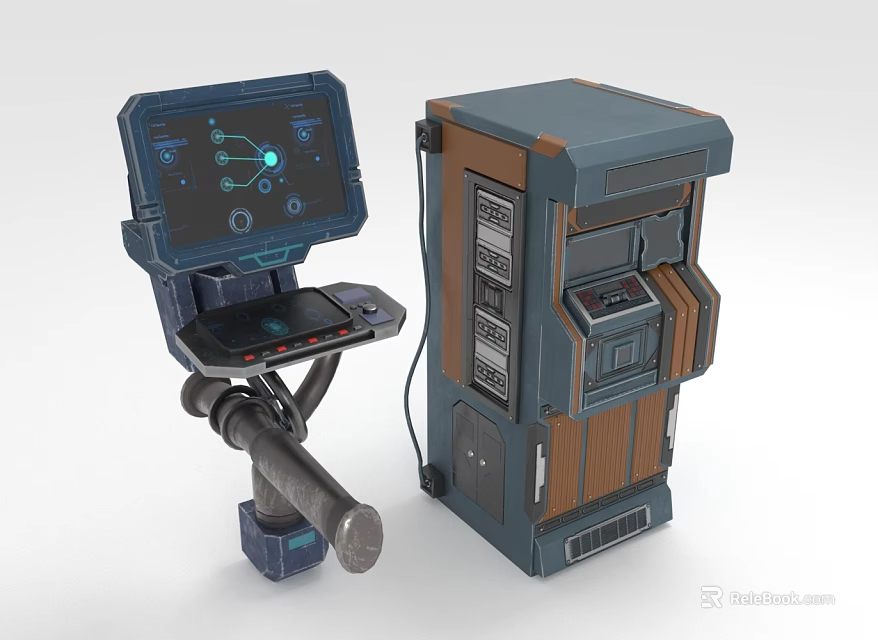 Futuristic Mechanical Arm Equipment With Digital Screen Interface And Wooden Metal Console Panels 3d model 