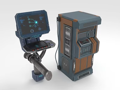Futuristic Mechanical Arm Equipment With Digital Screen Interface And Wooden Metal Console Panels 3d model